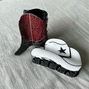 NEW Western Cowboy Hat Hair Claw Clip White w/Blk & Red-Blk Leopard Boot Duo